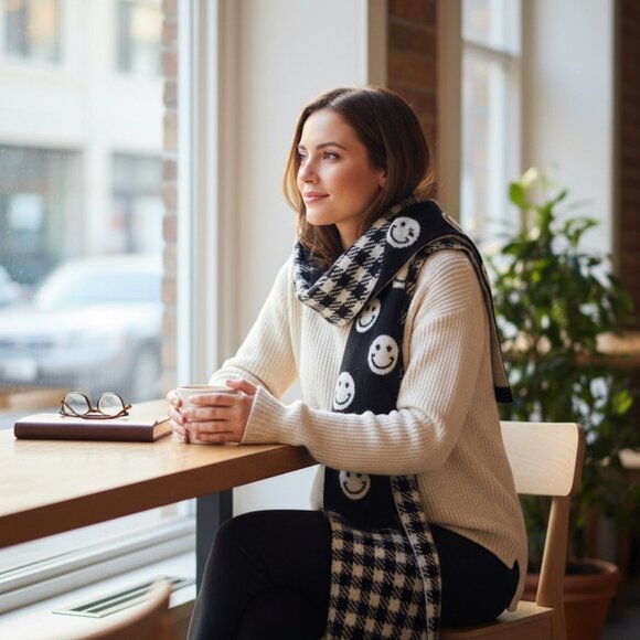 Don’t Smile At Me Reversible Black White Smiley Face Checkered Scarf Soft Cozy - Picture 4 of 4